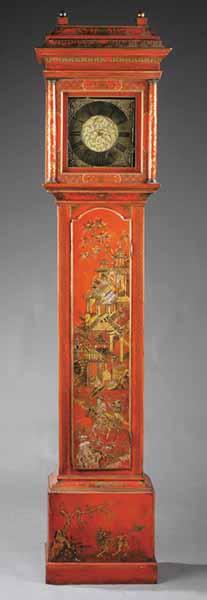 Appraisal: A Queen Anne-Style Scarlet Lacquered Chinoiserie Tall Case Clock th