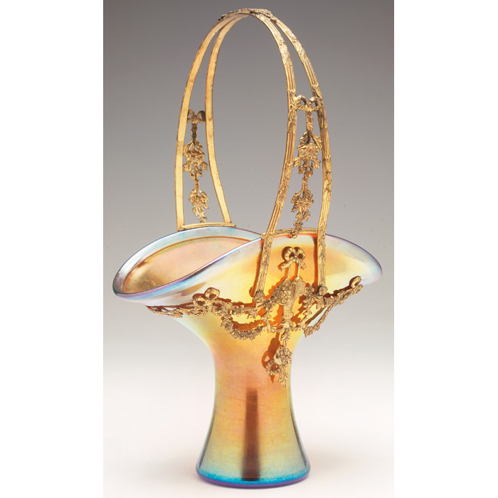 Appraisal: Rare Steuben vase basket shape in gold aurene glass fitted