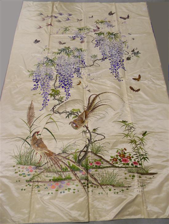 Appraisal: Asian polychrome silk embroidered length with birds butterflies and flowers