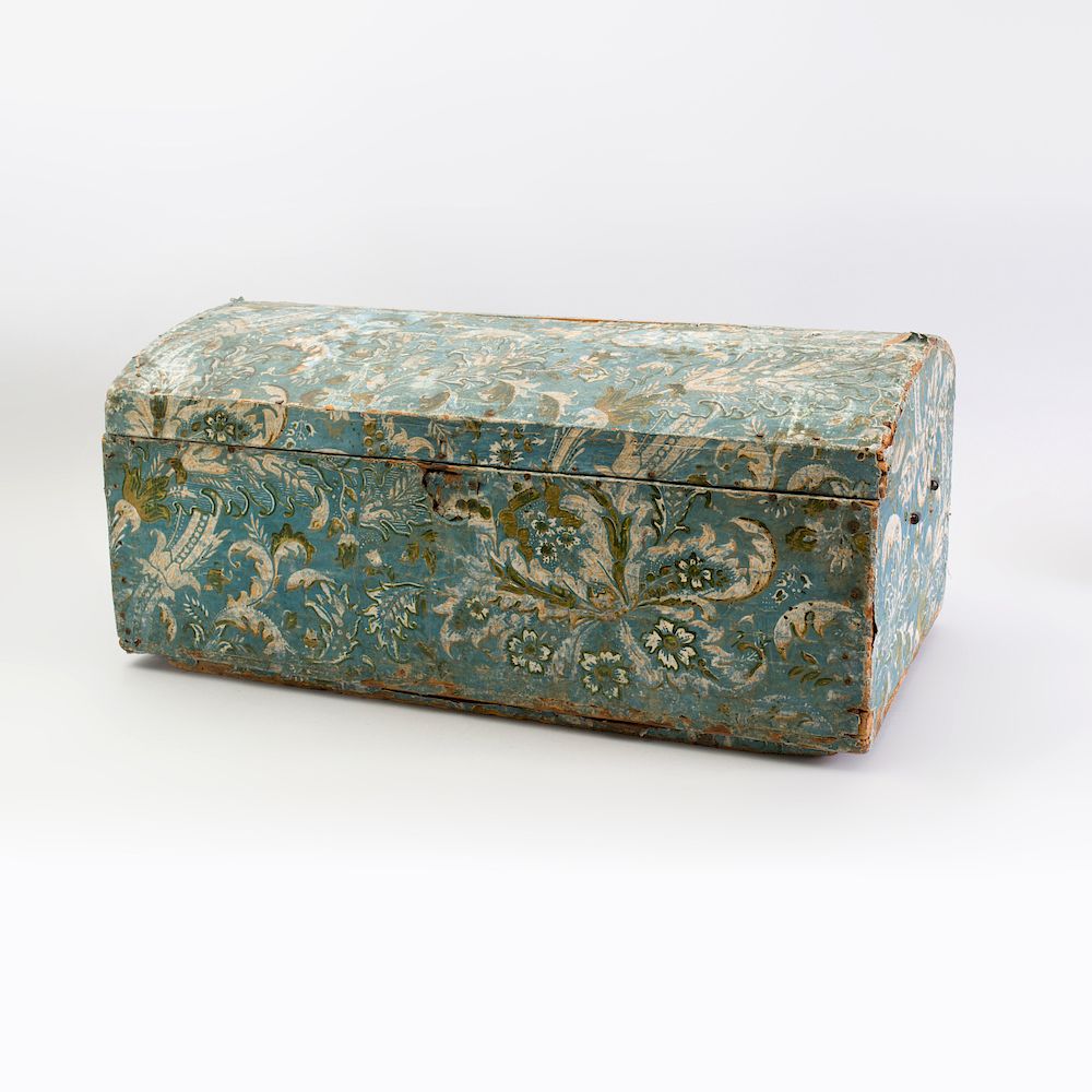 Appraisal: Blue Ground Wallpaper Covered Pine Domed Marriage Chest The interior