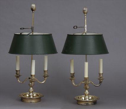 Appraisal: PAIR OF DIRECTOIRE-STYLE SILVERED METAL BOULIOTTE LAMPS Each knopped stem