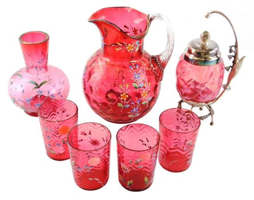 Appraisal: GLASS th C cranberry and opalescent glassware seven pieces including