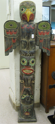 Appraisal: CARVED AND PAINTED WOOD TOTEM POLE featuring three totem figures