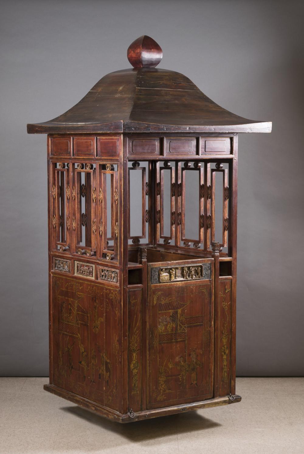 Appraisal: CHINESE PAINT-DECORATED AND CARVED WOOD SEDAN CHAIR th century with