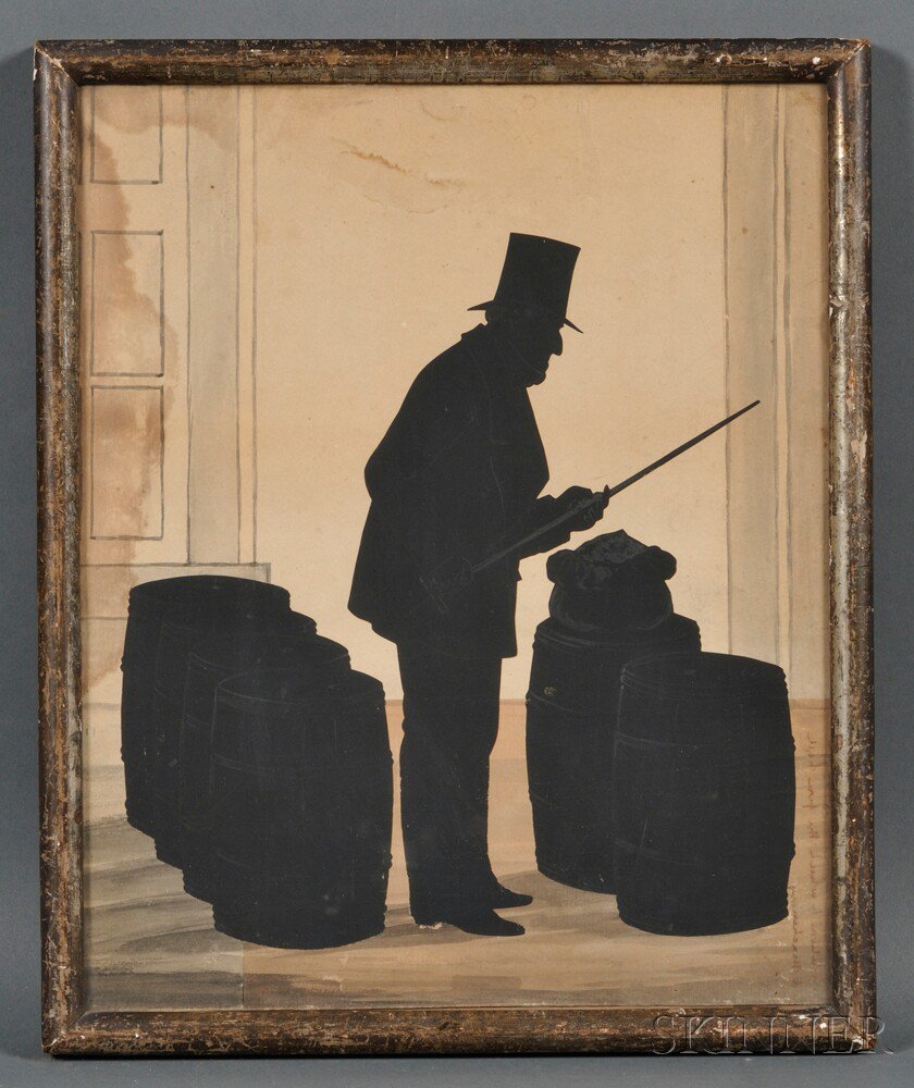 Appraisal: Framed Silhouette of Gentleman Holding a Walking Stick Standing Beside