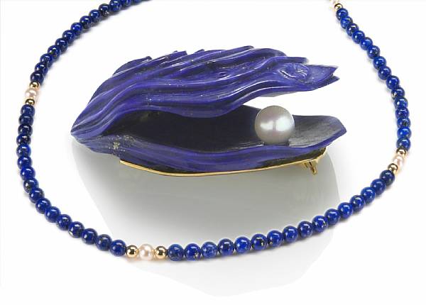 Appraisal: Carved Lapis Shell Brooch with Pearl together with Lapis Lazuli