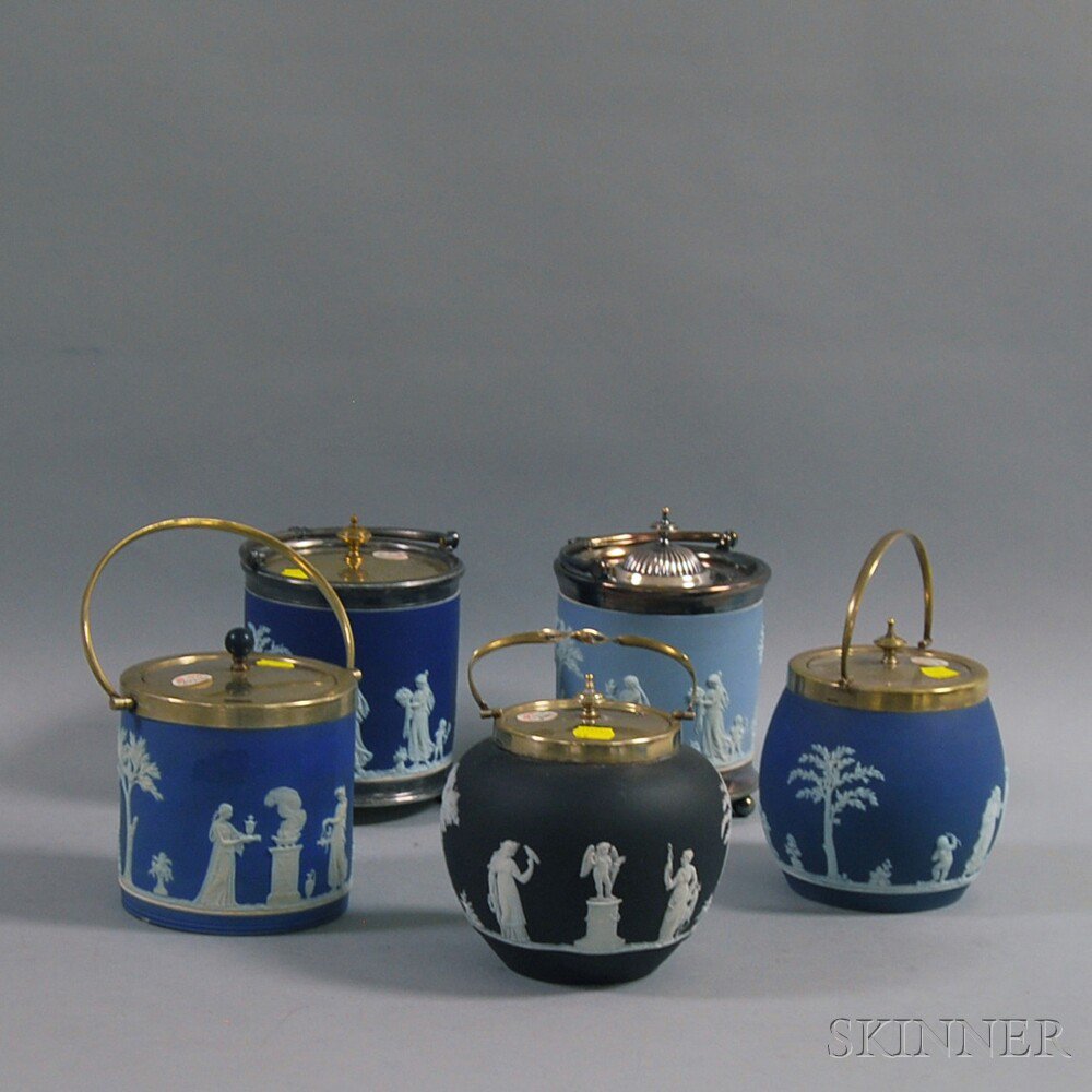 Appraisal: Five Wedgwood Jasper Biscuit Jars th th century three dark