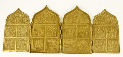 Appraisal: A brass folding icon the chased front with the cross