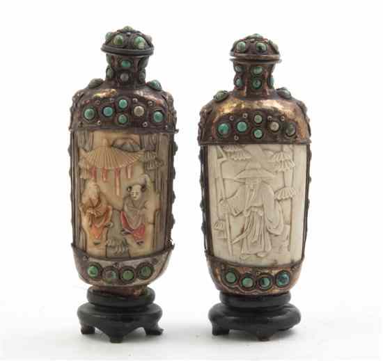 Appraisal: A Pair of Carved Bone and Metal Inset Snuff Bottles