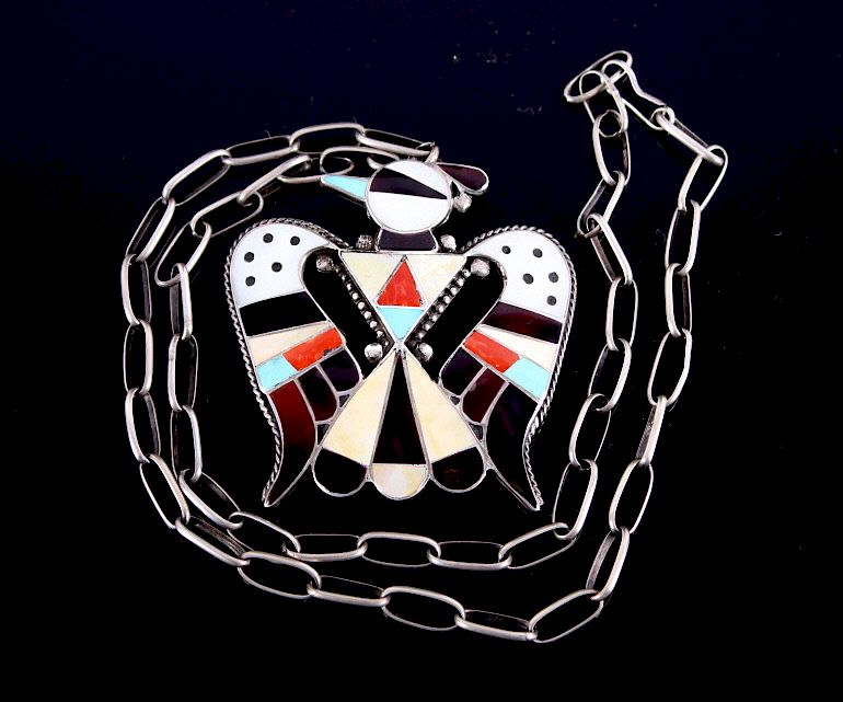 Appraisal: Zuni Mosaic Inlay Thunderbird Silver Necklace For your bidding pleasure