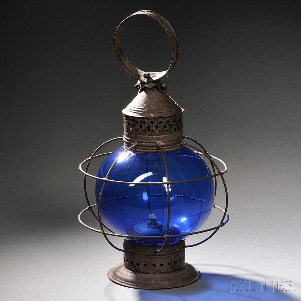 Appraisal: Black-painted Tin and Blue Glass Onion Lantern America early th