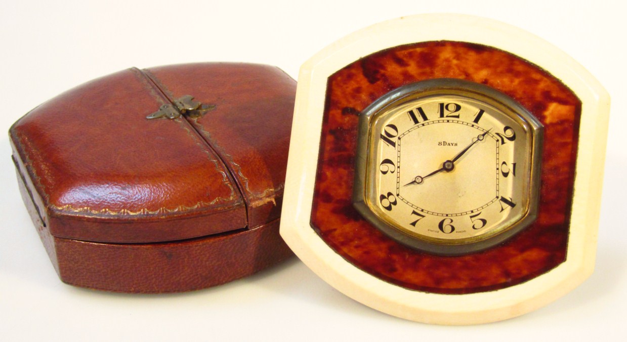 Appraisal: A 's Art Deco tortoiseshell and ivory travel clock the