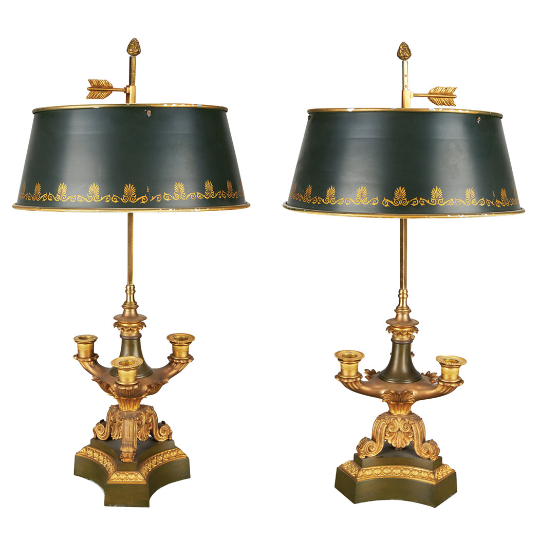 Appraisal: Pair of Louis Philippe Gilt and Patinated-Bronze Three-Light Bouillotte Lamps