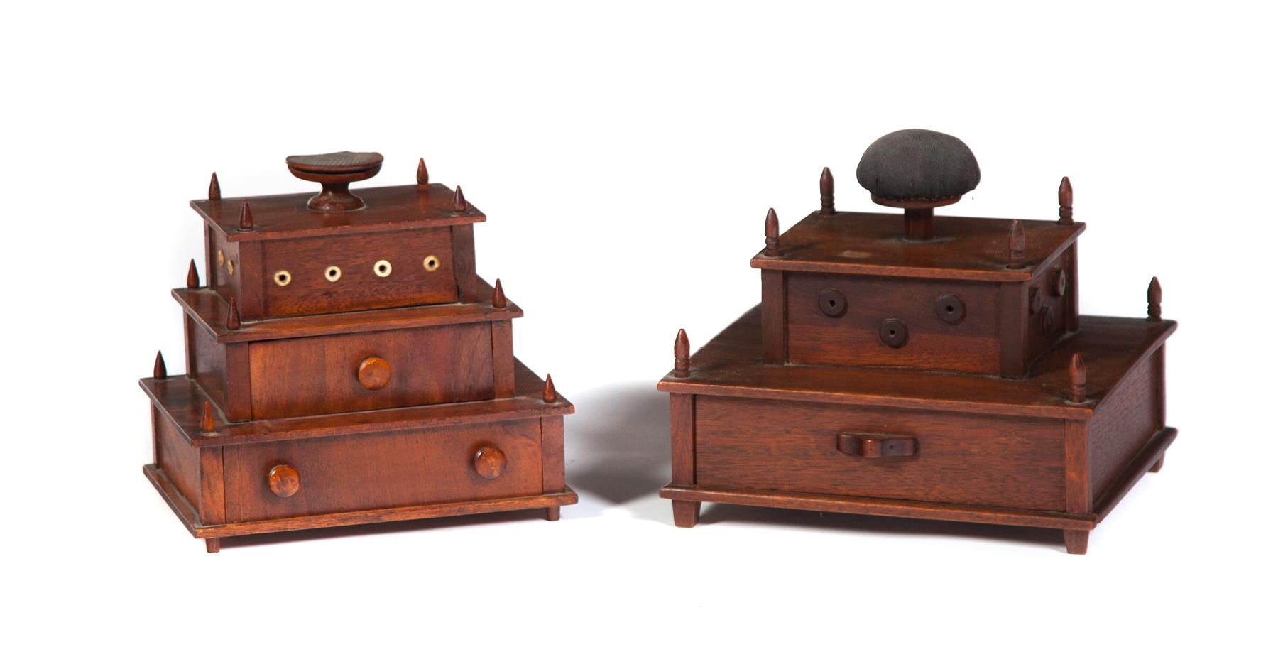 Appraisal: TWO COUNTRY SEWING CADDIES American nd half- th century walnut