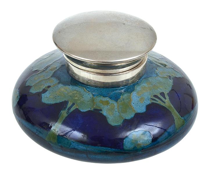 Appraisal: A WILLIAM MOORCROFT MOONLIT BLUE INKWELL CIRCA silver coated brass