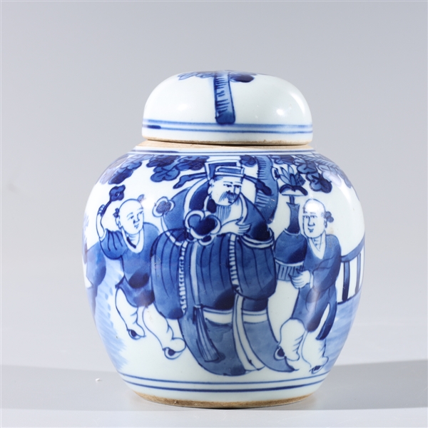 Appraisal: Antique Chinese blue and white covered porcelain jar with figures