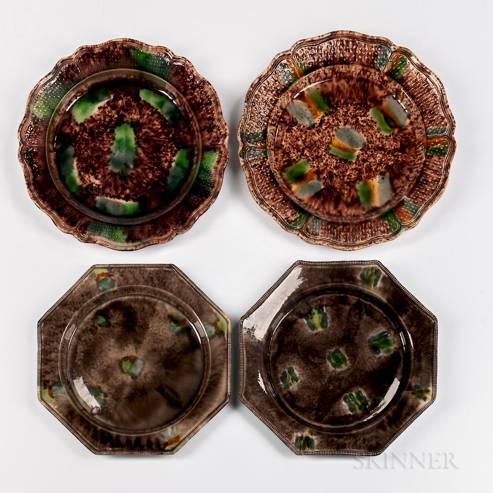 Appraisal: Four Staffordshire Press-molded Tortoiseshell-glazed Earthenware Plates Four Staffordshire Press-molded Tortoiseshell-glazed