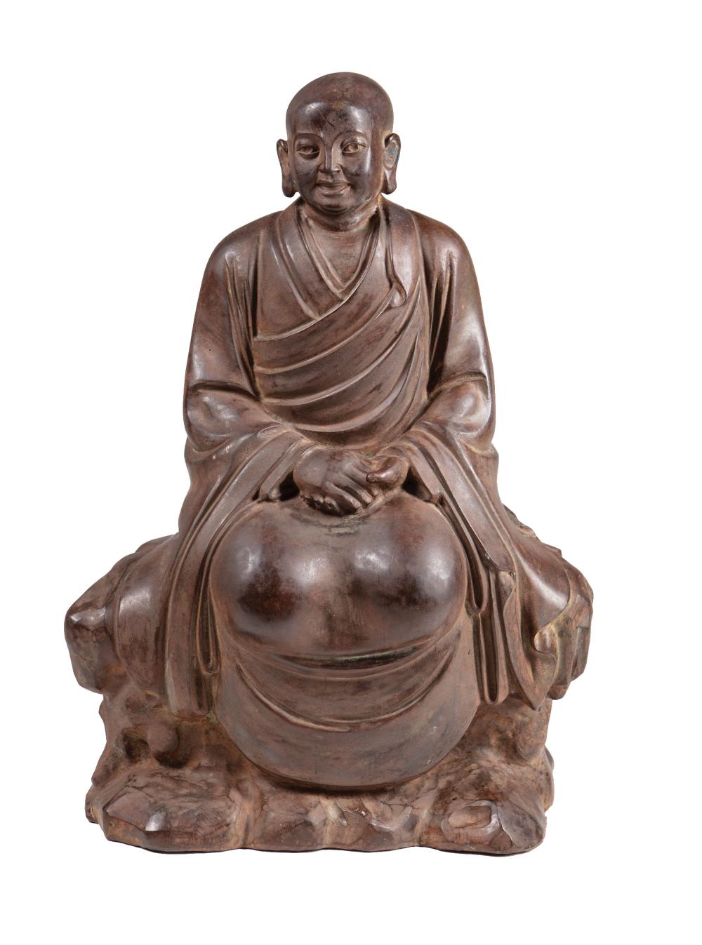 Appraisal: Large Chinese Patinated Metal Figure of a Luohan modeled seated