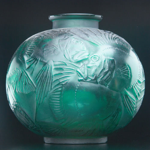 Appraisal: R LALIQUE Vase Poissons emerald green c M p No