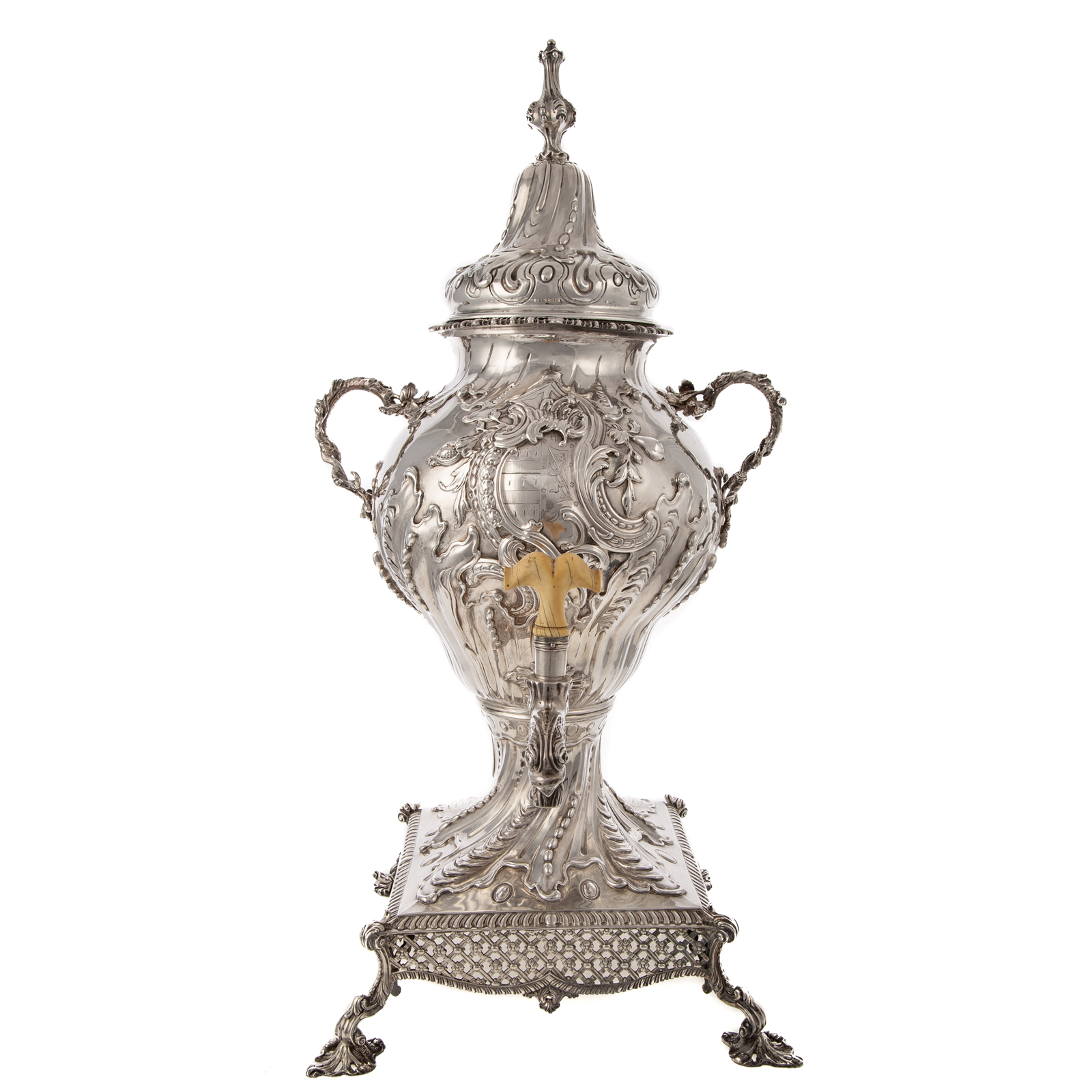 Appraisal: VICTORIAN SILVER ARMORIAL HOT WATER URN probably William Traies London