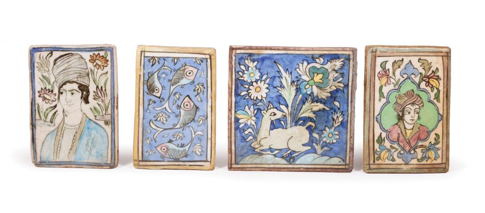 Appraisal: Four Antique Persian Ceramic Tiles two figures one fish in