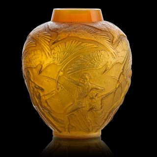 Appraisal: LALIQUE Archers vase cased yellow glass LALIQUE Archers vase France