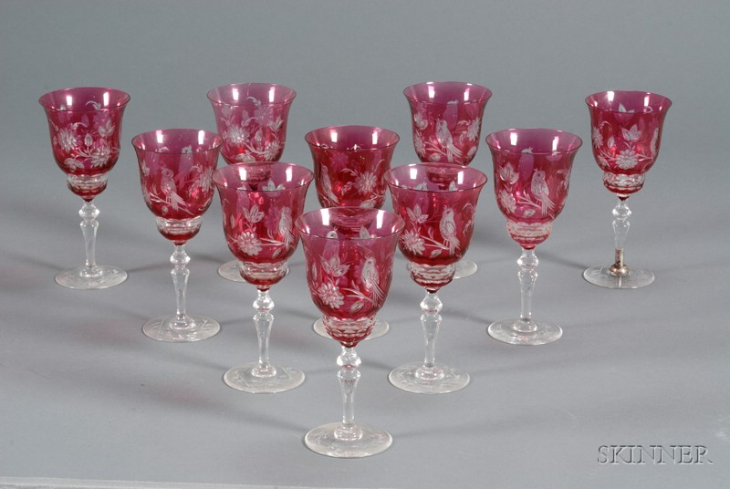 Appraisal: Ten Bohemian Etched Goblets Glass th century Cranberry bell-form cup