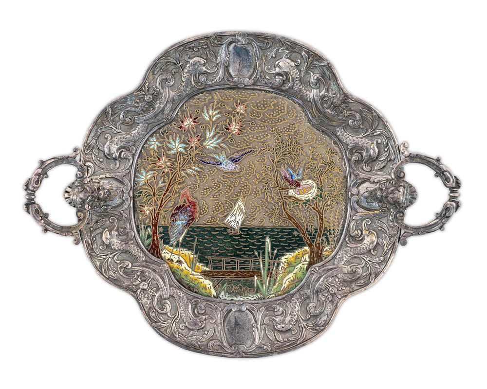 Appraisal: A French Silvered Bronze and Enamel Two-Handled Tray Height x