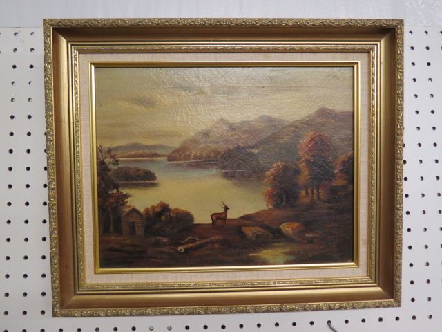 Appraisal: th Century Oil mountain lake landscape with deer on canvas