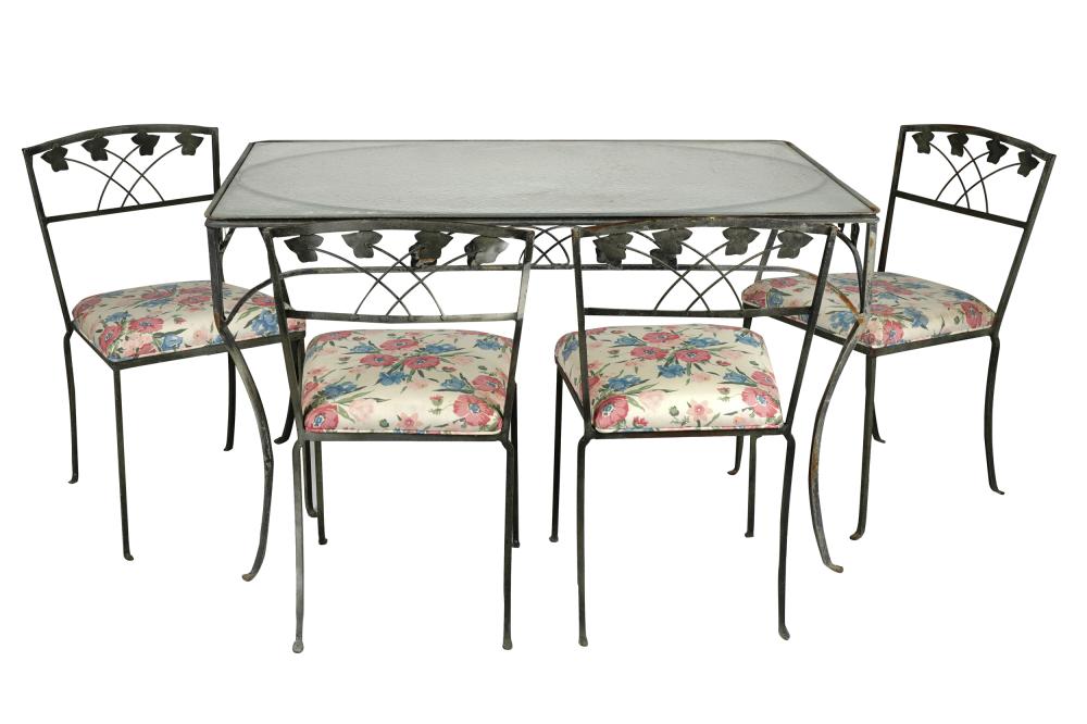 Appraisal: SEVEN-PIECE IRON PATIO SETcomprising a rectangular dining table with opaque