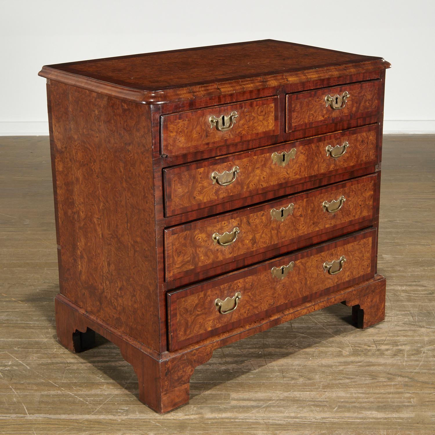 Appraisal: ANTIQUE GEORGE II STYLE BURL CHEST OF DRAWERS th c