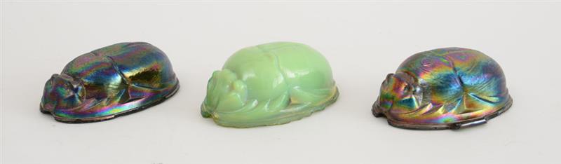 Appraisal: TWO LETZ TYPE IRIDESCENT PRESSED GLASS SCARAB-FORM PAPERWEIGHTS AND A