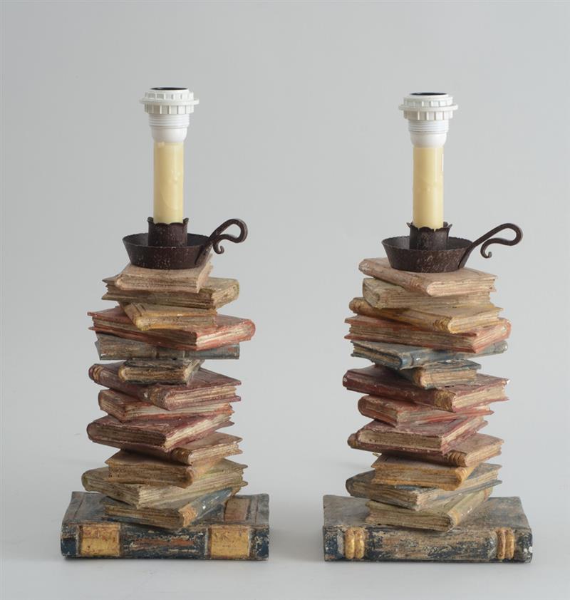 Appraisal: PAIR OF AMUSING CARVED PAINTED AND PARCEL-GILT TABLE LAMPS Each