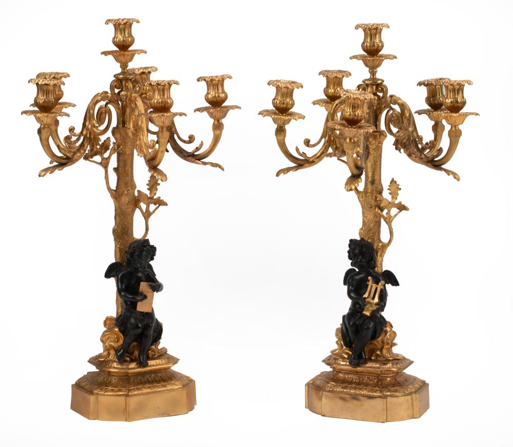 Appraisal: Pair of Louis XV-Style Gilt and Patinated Bronze Six-Light Figural