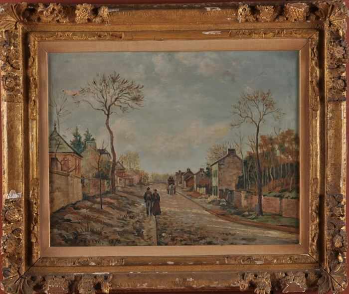 Appraisal: EUROPEAN SCHOOL VILLAGE SCENE WITH COUPLE Oil on canvas x