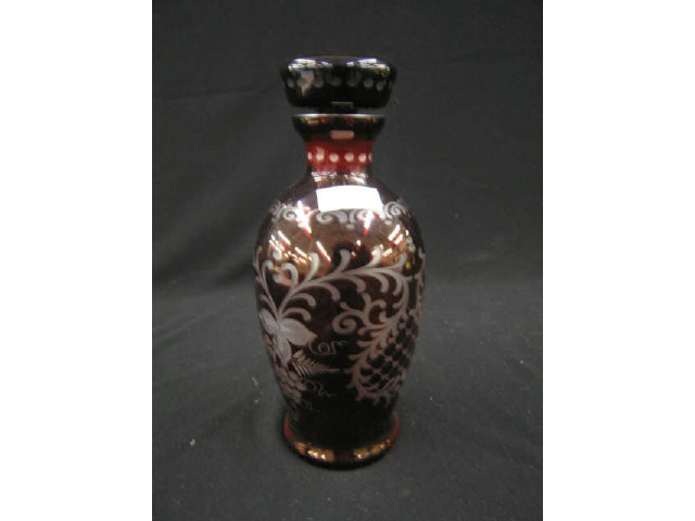 Appraisal: Ruby Cut-to-Clear Decanter Bohemian grape foilage decor