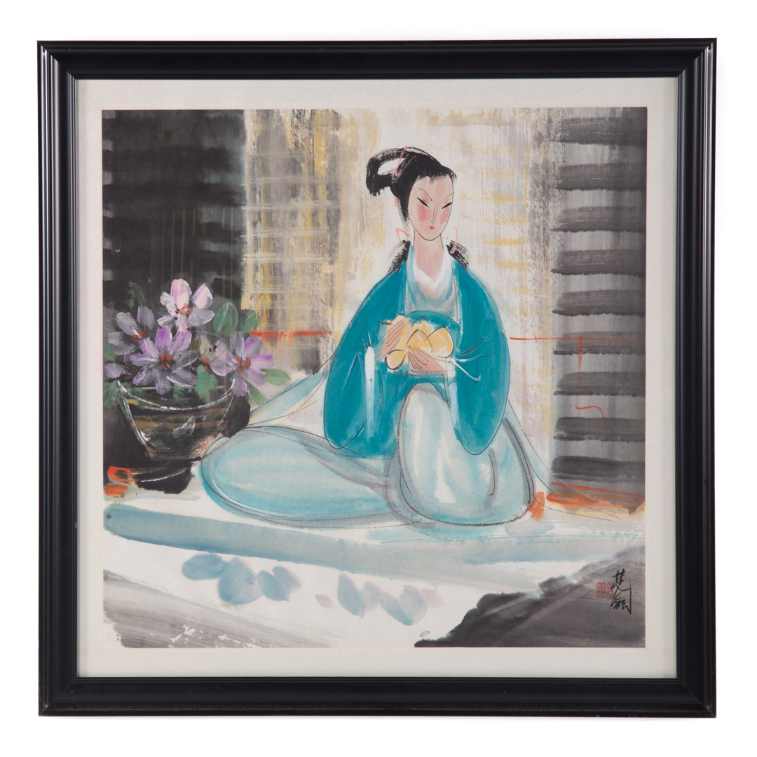 Appraisal: Chinese School th c gouache woman with flower basket modern