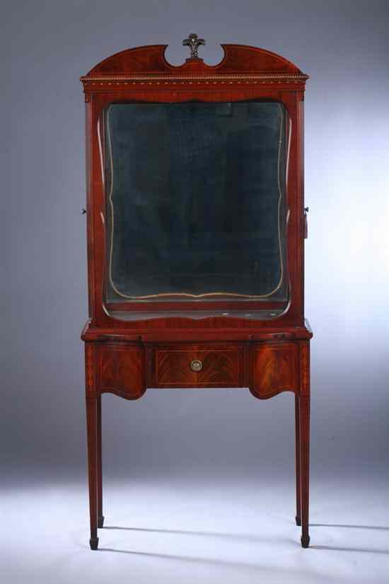 Appraisal: ENGLISH HEPPLEWHITE STYLE MAHOGANY CURIO CABINET Broken-bonnet pediment above glazed