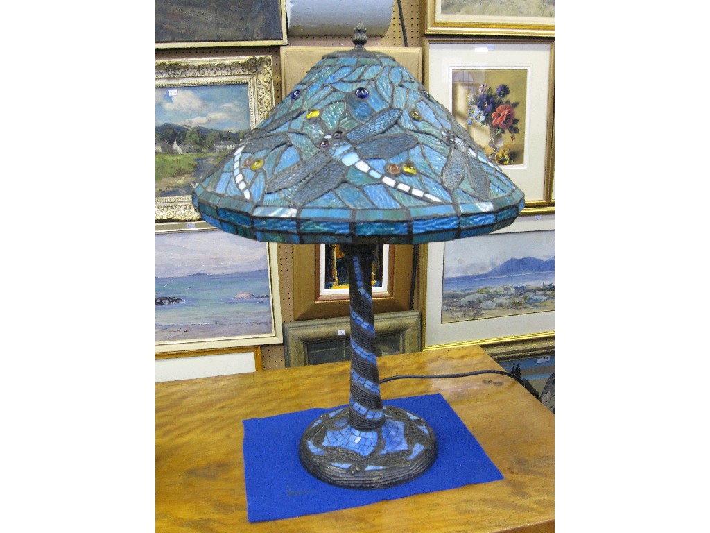 Appraisal: Tiffany style leaded glass table lamp decorated with dragonflies