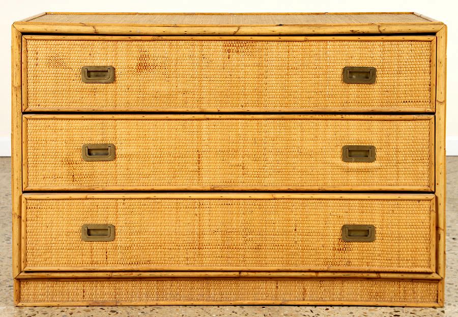 Appraisal: RATTAN DRESSER CAMPAIGN STYLE HARDWARE C A shallow three drawer