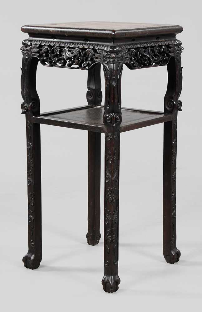 Appraisal: Carved Rosewood Marble-Top Tabouret Chinese rose-to-ivory inset marble top pierce-carved