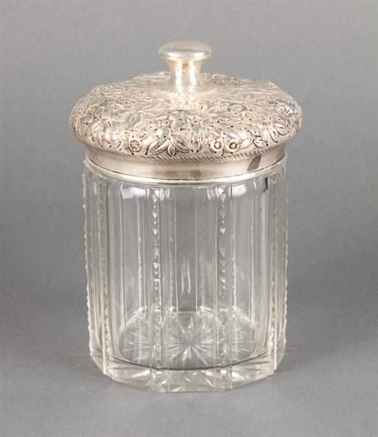 Appraisal: American repousse sterling silver lidded cut glass tobacco jar Jacobi