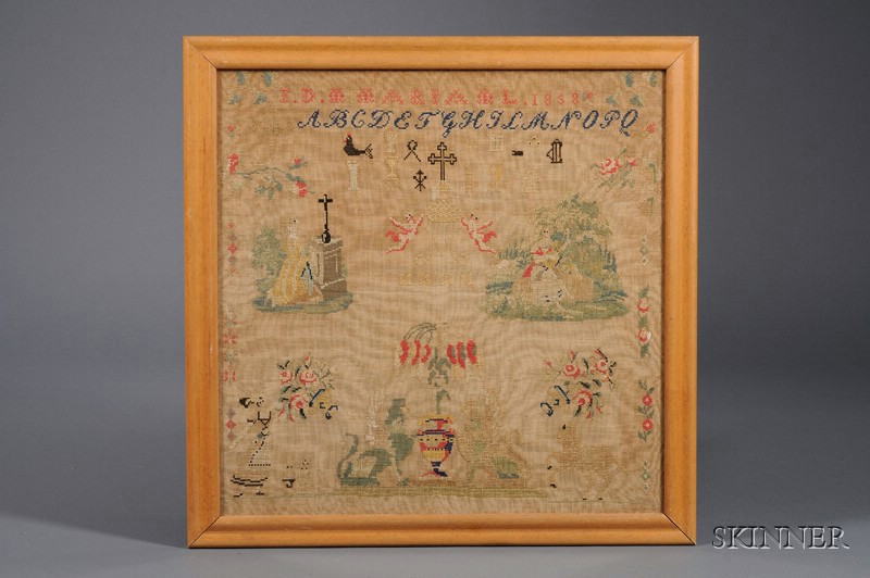 Appraisal: Framed Continental Cross-stitch Sampler dated possibly Italian with band of