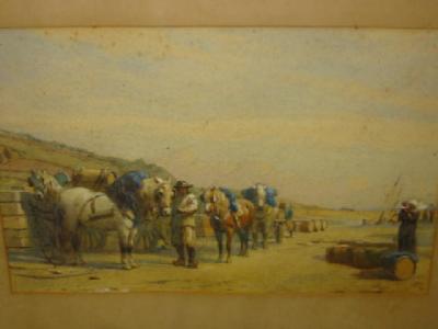 Appraisal: ENGLISH SCHOOL Beach Scene with Horses and Figures signed with