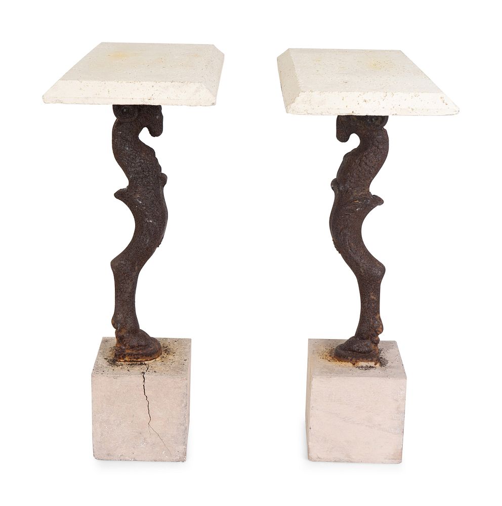 Appraisal: A Pair of Travertine and Cast-Iron Garden Consoles A Pair