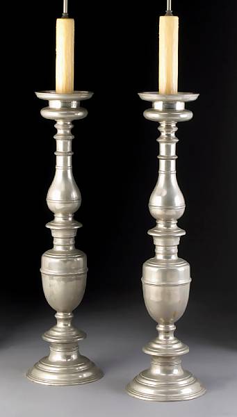 Appraisal: A large pair of Baroque style pewter candle prickets second