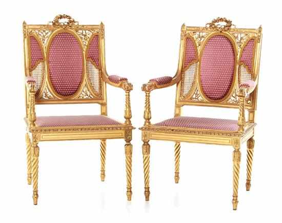 Appraisal: Pair Napoleon III style carved giltwood armchairs late th century