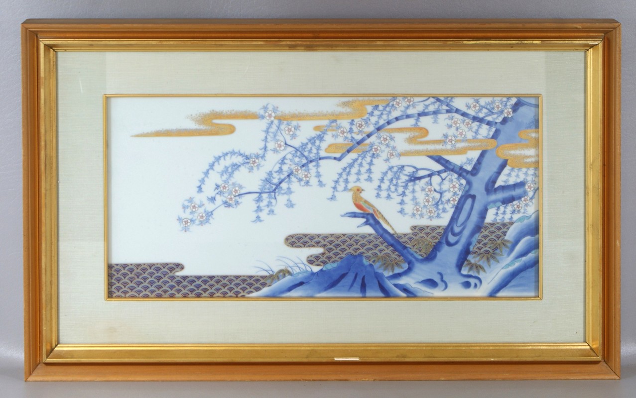 Appraisal: Japanese Framed Porcelain Plaque depicting an exotic bird in floral