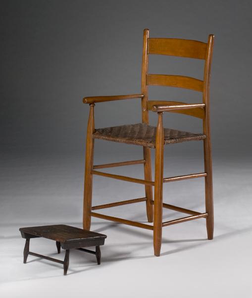 Appraisal: SHAKER WEAVER'S CHAIR AND FOOTSTOOL American th century A slat-back