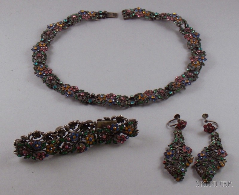 Appraisal: German Art Deco Sterling Silver and Multicolored Paste Suite including